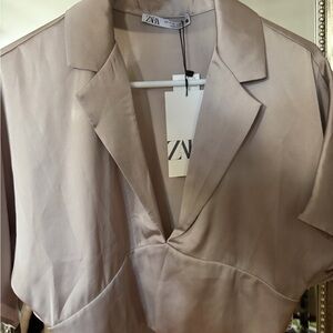 Zara Satin-Look V-Neck Blouse in Taupe